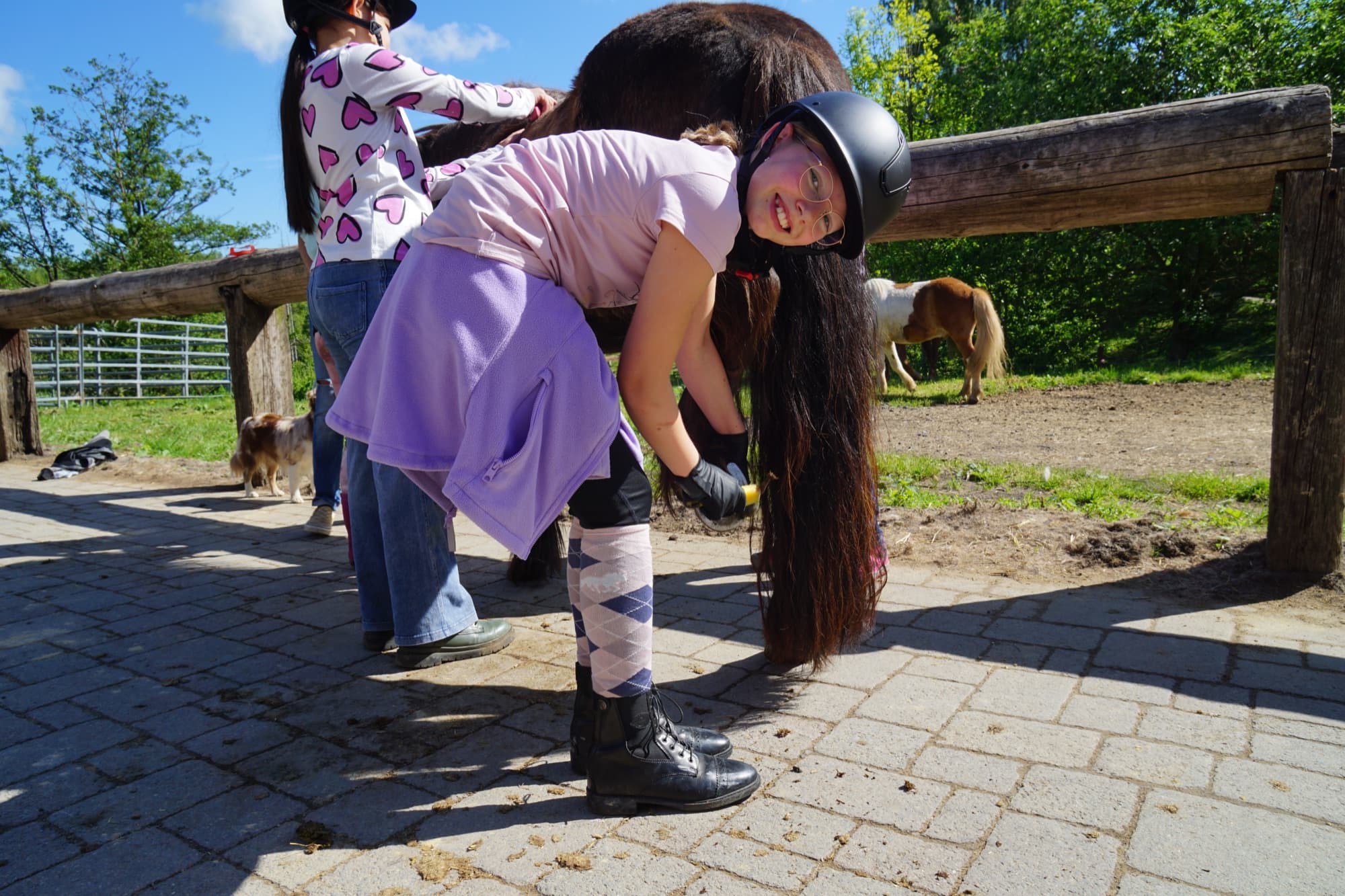 Ein Kind pflegt fröhlich ein Pony bei der Reiterfreizeit.
