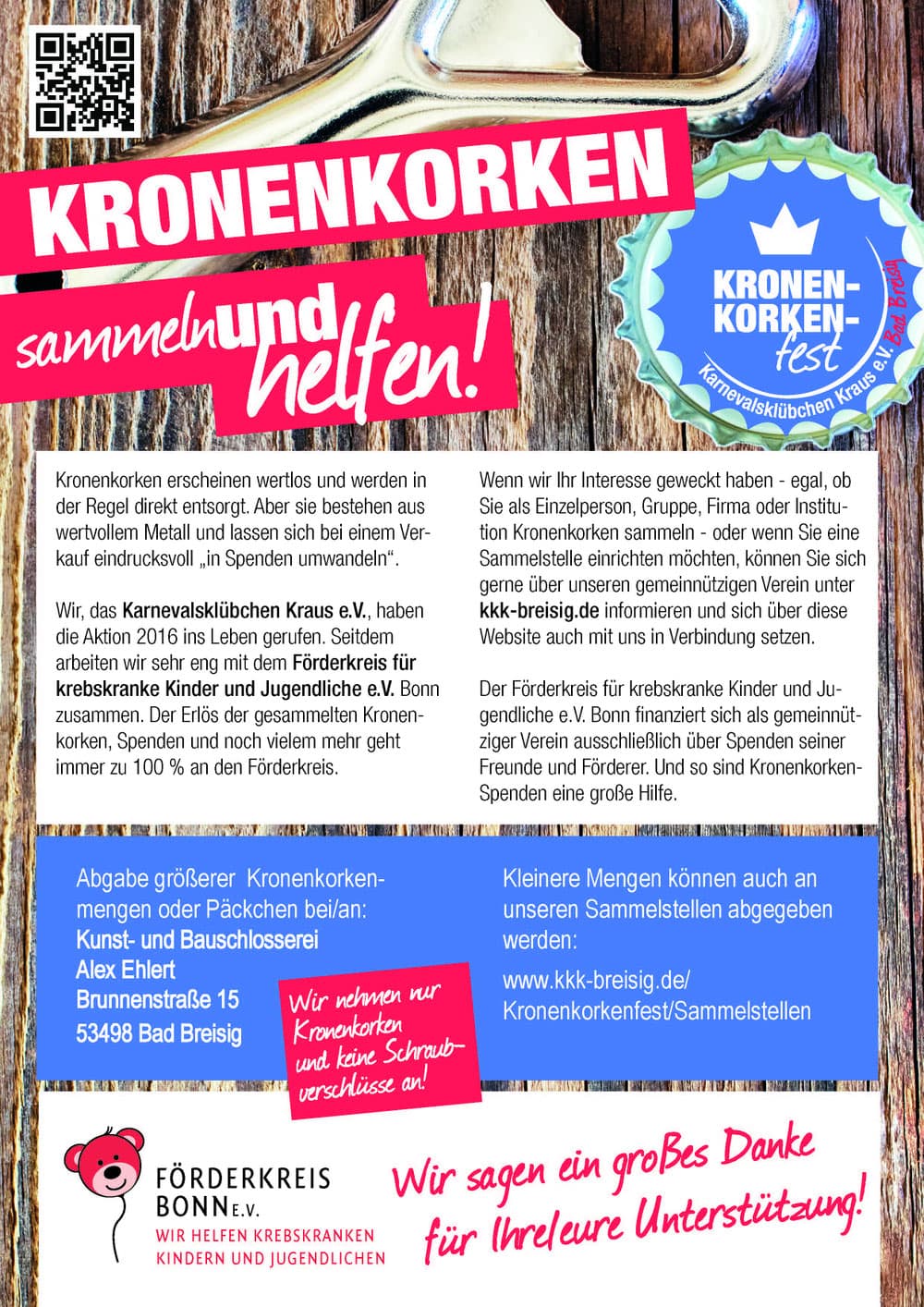 Aktionsflyer „Kronenkorken sammeln und helfen“